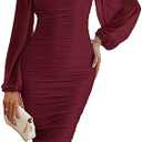 MEROKEETY Women's Long Sleeve Wedding Guest Formal Dress Fall Winter Ruched Bodycon Mesh Cocktail Party Midi Dresses Size M
