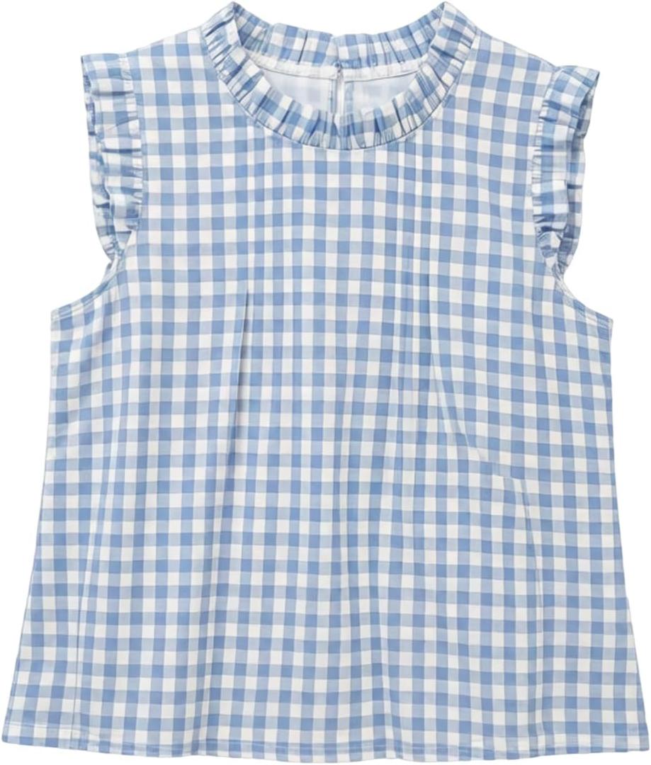GORGLITTER Women's Gingham Peplum Blouse Top Ruffle Plaid Sleeveless Frilled Collared Tank Top Cute Summer Going Out Outfits Blue and White Large (L)