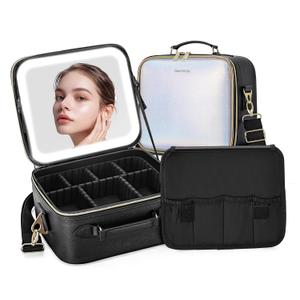 ZhenGuiRu Travel Makeup Bag with Light Up Mirror, Cosmetic Artist Organizer Case with LED Mirror, Travel Makeup Case for Cosmetic Brush Holder Storage, Toiletry Case for Women Gift