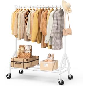EAGMAK Heavy Duty Clothes Rack Load 420 LBS, Rolling Garment Rack with Lockable Wheels, Standing Metal Clothing Rack with Shelves, Portable Wardrobe Sturdy Coat Rack for Hanging Clothes (White