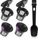 Reusable K Cups, 4 Pack Reusable Coffee Pods with Coffee Spoon, Refillable K Cups Coffee Filters with Food Grade Stainless Steel Mesh Compatible Fit for 1.0 Brewers Black