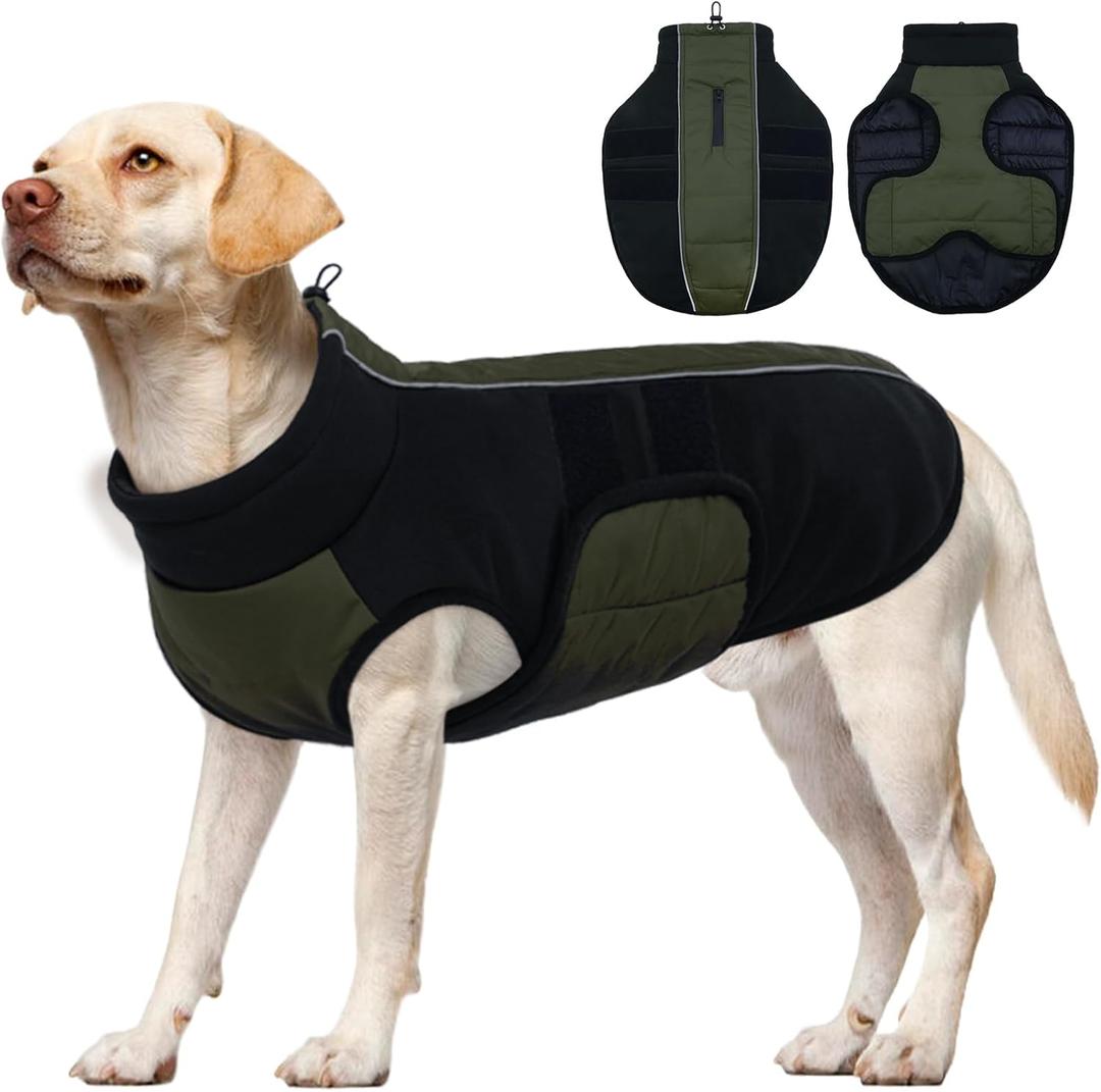 Kuoser Dog Jacket, Winter Dog Coats for Medium Dogs, Reflective Doggie Cold Weather Coats Pet Clothes, Puppy Snow Jacket for Frech Bulldog, Boston Terrier, Green L (L (Chest Girth: 20.5-24.4''))