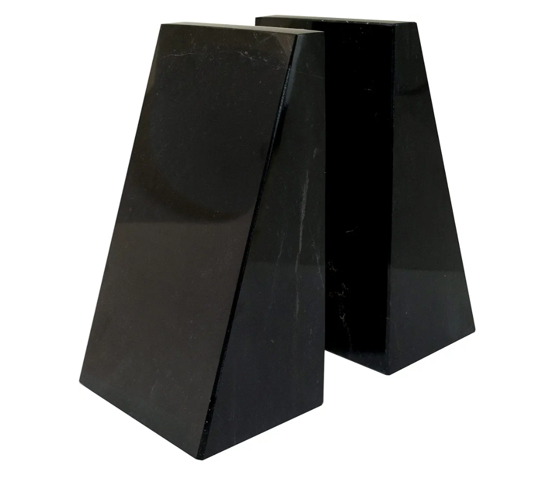 Ottimo Premium Polished Stone Marble 6" Book Ends for Bookshelf Decor, Home, Office or Kitchen Shelves. Heavy, Triangular, and Decorative Book Stopper with Anti-Slip Pads, Great Gift Idea (Black)