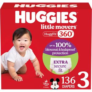 Huggies Size 3 Baby Diapers, Little Movers HuggFit 360 Baby Diapers with 360 Waistband, Size 3 (16-28 lbs), 136 Count, Packaging May Vary