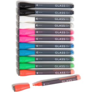 U Brands Fine Tip Liquid Glass Whiteboard Markers with Eraser for Glass Boards, Dry Erase Boards, and Chalk Boards, Assorted Bright Colors, Set of 12