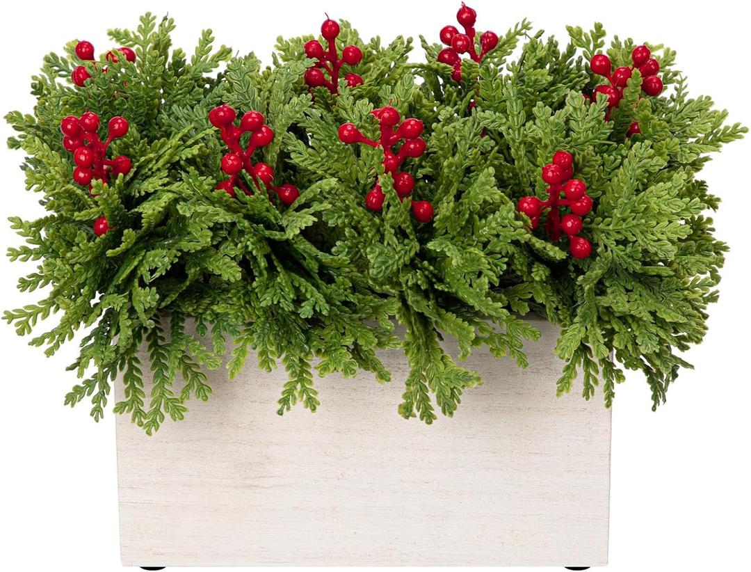 DILATATA Christmas Centerpieces 8 Inch Artificial Christmas Plant in Rectangular Wooden Pot Tabletop Pine Plants with Red Berries Cedar Leaves for Winter Holiday Party Fireplace Mantel Xmas Decor (Style 5)