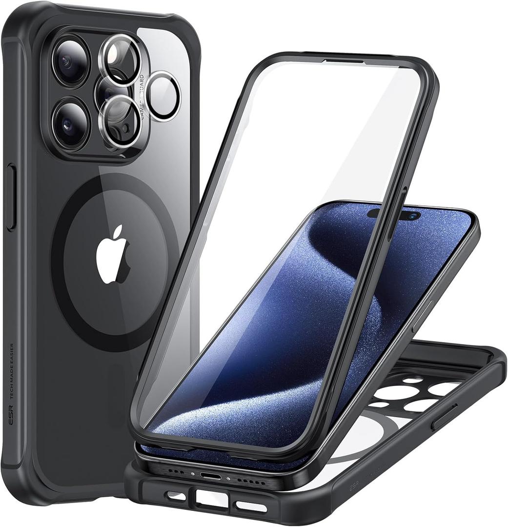 ESR for iPhone 15 Pro Case, Compatible with MagSafe, Full-Body Military-Grade Drop Proof Case for iPhone 15 Pro with Built-in 9H+ Tempered Glass Screen Protector, Clear Black