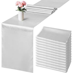 Aneco 12 Pack Satin Table Runner 12 x 108 Inch Light Silver Long Wedding Satin Silk Table Runner for Wedding Banquet Graduations Birthday Party Decoration