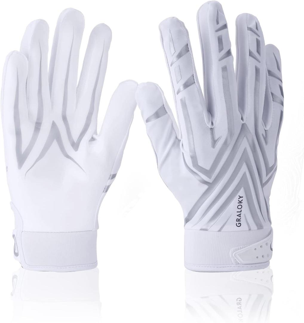 Football Gloves Men Women Boys, Youth Football Gloves, Ultra Sticky Silicone Palm Tacky Grip Gloves Youth Adult, Enhanced Performance Receiver Glove (Medium, White)