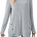 Lafural Womens Long Sleeve Tops Tunic Fall Shirts Women Sweaters Crew Neck Button (Gray, S)