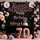 70th Birthday Decorations for Women, 54pcs Happy 70th Birthday Crown and Sash, Black Rose Gold Banner Backdrop Balloons Hanging Swirls Paper Fans, 70 Years Old Birthday Party Supplies Kit