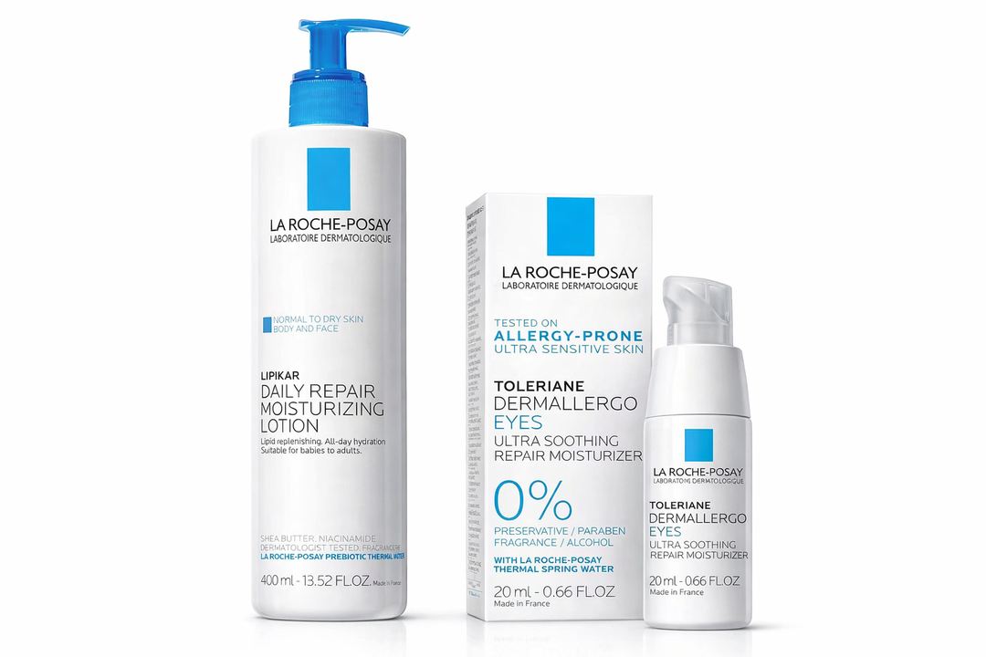 Set Of 2 La RochePosay Lipikar Body Lotion Daily Repair Moisturizing Cream, Fragrance Free Body Moisturizer with Shea Butter, Body Lotion for Dry Skin, Moisturizing for Sensitive Skin and La Roche-Posay Toleriane Dermallergo Eye Cream Soothing Repair Moisturizer