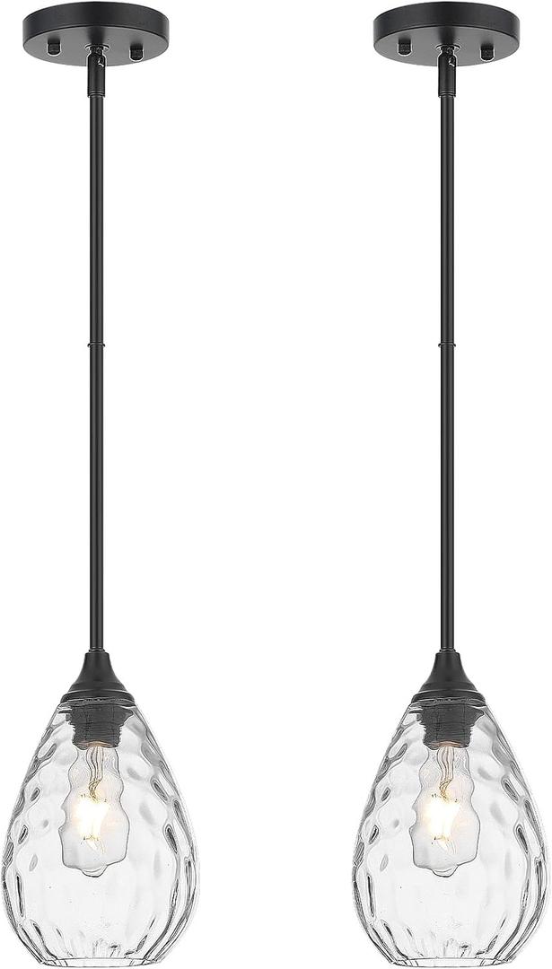 Black Pendant Lights Kitchen Island 2 Pack, Modern Glass Pendant Light Fixtures with Hammered Glass and Rods, Adjustable Small Hanging Light for Kitchen Sink Dining Room Bathroom, Black + Clear Glass, 1-Light, Single, 2