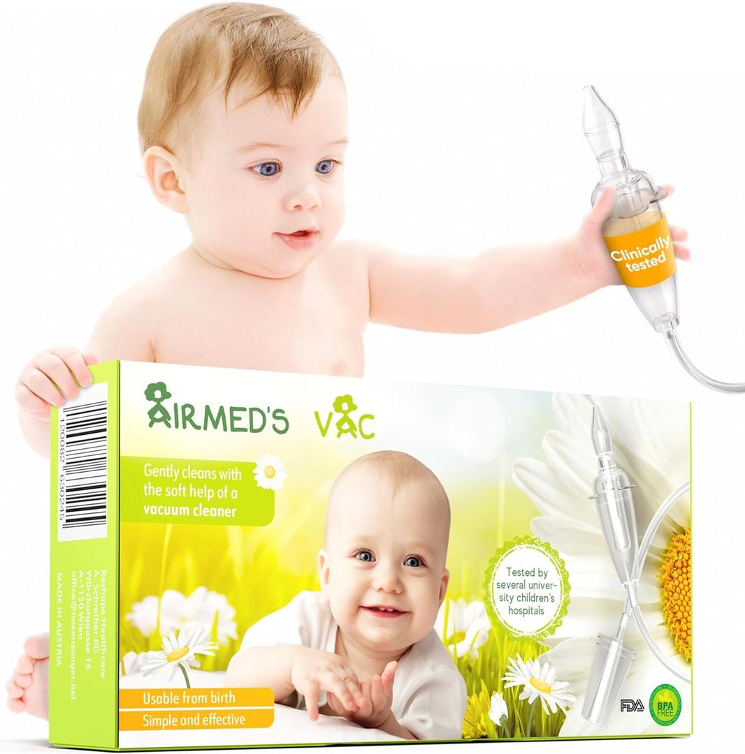 Airmed's Vac Nasal Aspirator Baby. CLINICALLY Tested, Safe and Gentle. Baby Nose Sucker with 2 Suction Heads and Cleaning Brush. Safe and Gentle Baby Nasal Aspirator with Strength of a Vacuum Cleaner