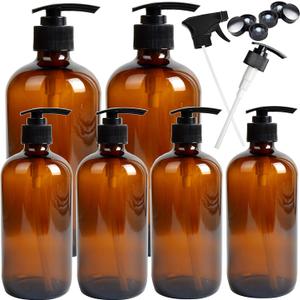 Youngever 6 Pack Empty Glass Pump Bottles, 2 Pack 16 Ounce and 4 Pack 8 Ounce Pump Bottles, Soap Dispenser, Refillable Containers (Amber)