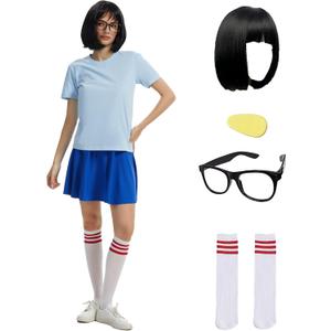 6 Pcs Women Light Blue Costume Full Set Cosplay with Wig Glasses Blue Shirt Skirts Socks Hairpin (XX-Large)