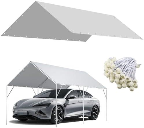 ZAZTLL 10 x 20 Ft Carport Replacement Canopy Cover Garage Top Tent Shelter Tarp,200G Heavy Duty Car Port Canopy Tent,Grey Waterproof & UV Protected Tarp with 50 Ball Bungees (Frame Not Include)