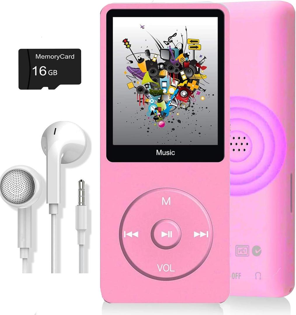 MP3 Player, Music Player with 16GB Micro SD Card, Build-in Speaker/Photo/Video Play/FM Radio/Voice Recorder/E-Book Reader, Supports up to 128GB