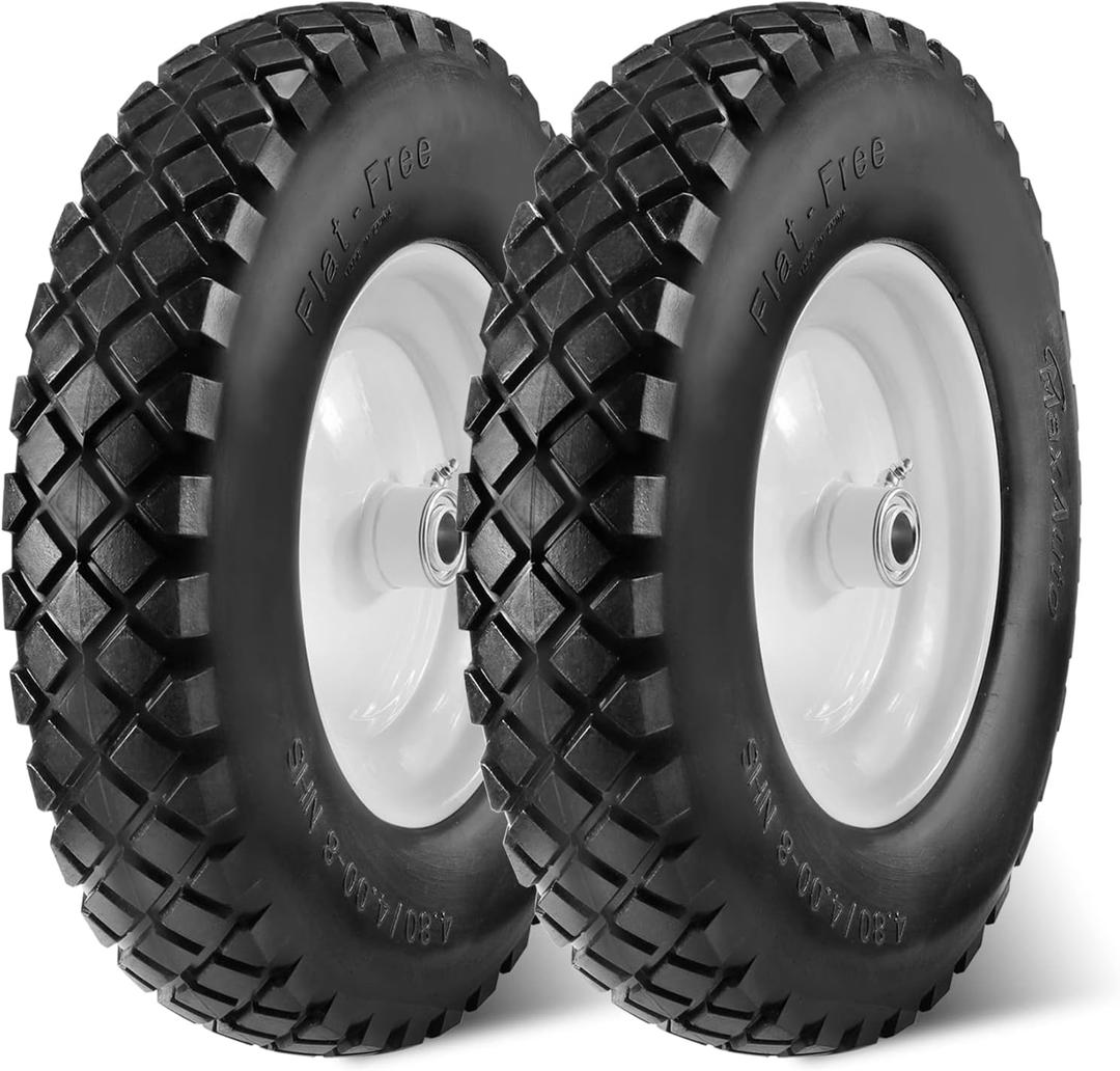 MaxAuto Wheelbarrow Tire 4.80 4.00-8 Flat-Free 4.80/4.00-8 Tire and Wheel w/Grease Fitting, 3" Centered Hub, 3/4" Bearings, 4.80 4.00-8 Tires for Hand Truck, Trolley, Garden Cart, Wagons