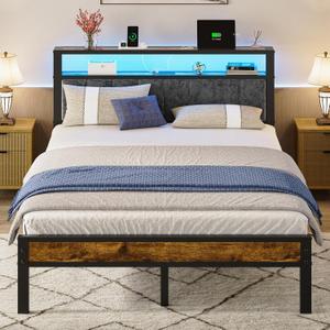 Liians Queen Size Bed Frame with 2-Tier Storage Shelves Headboard, Platform Bed with Charging Station, LED Lights No Box Spring Needed Noise Free
