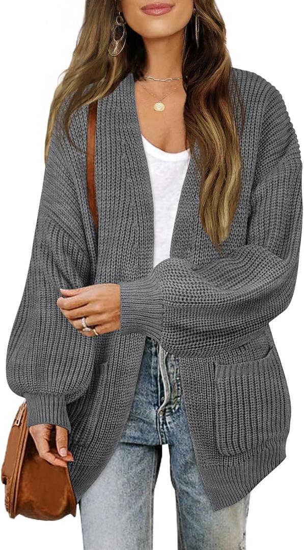 MEROKEETY Women's Chunky Cardigan Sweaters 2025 Lantern Long Sleeve Oversized Knit Outerwear with Pockets (Dark Grey) Small