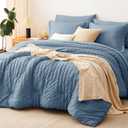 CozyLux King Size Comforter Set Grayish Blue Seersucker 7 Pieces Bed in a Bag King Comforter Set with Sheets, Dusty Blue Luxury Bedding Set with Down Alternative Comforter, Sheets, Pillowcases & Shams