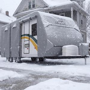 Travel Trailer RV Cover 16' ~ 18', Upgraded 9 Layers Top Waterproof Camper Cover, Heavy Duty Toy Hauler RV Cover for Winter Snow with Tongue Jack Cover, Gutter Covers