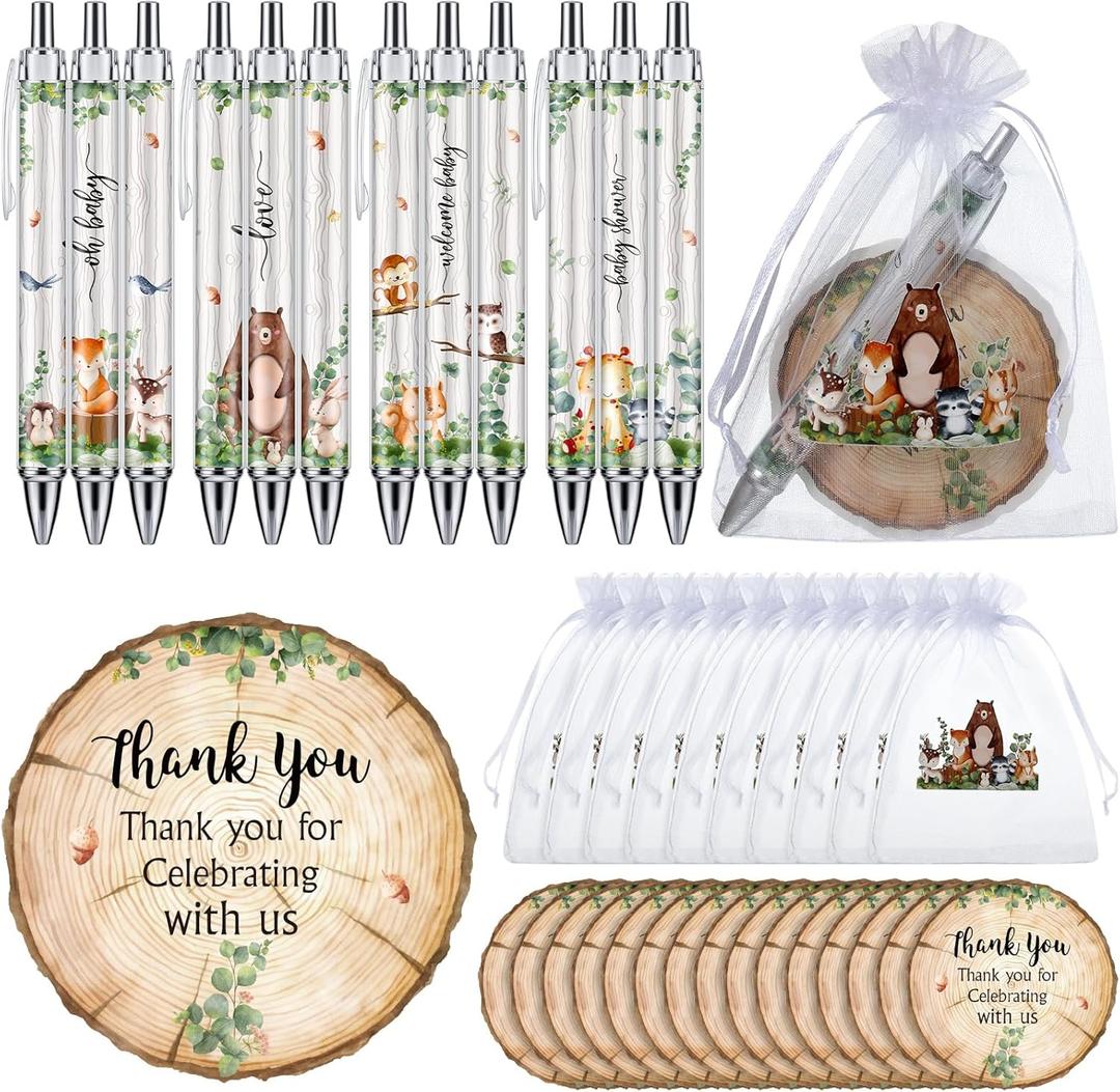 Chuangdi 50 Sets Baby Shower Favors Gifts for Guests Includes 50 Pcs Ballpoint Pens, Thank You Cards and Organza Bags(Woodland Animal)