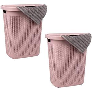 Mind Reader 50L Slim Laundry Hamper, Clothes Basket, Lid, Wicker Design, Plastic, 17.65"L x 13.75"W x 21"H, Set of 2, Pink