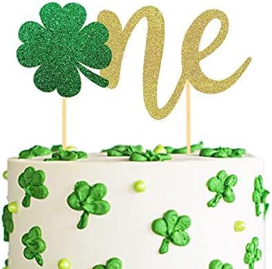 Glitter Shamrock One Cake Topper, Saint Paddy's Day Irish Themed 1st Birthday Party Supplies, 4 Leaf Clover Food Picks Glitter Party Decorations