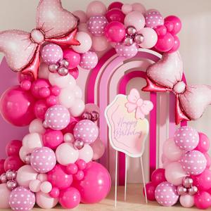 Pink Mouse Balloon Garland Arch Kit 124 Pcs Hot Pink, Pastel and Polka Dot Balloons with Bow, Mouse Themed Girl Birthday Baby Shower Party Decor