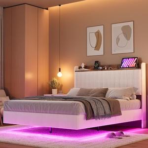 Qeetex IDEALHOUSE Queen Floating Bed Frame with LED Lights Charging Station Upholstered Platform Bed with Storage Headboard Wood Slats Support No Box Spring Needed Easy to Assemble