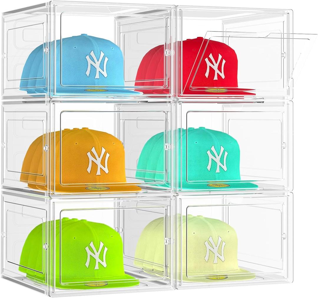 6 Pack Hat Organizer Box, Stackable Clear Baseball Caps Holder Box Containers with Magnetic Door for Hats Snapback Cap Storage, Hat Rack Display Case, Holds 8 Hats Each (Clear)