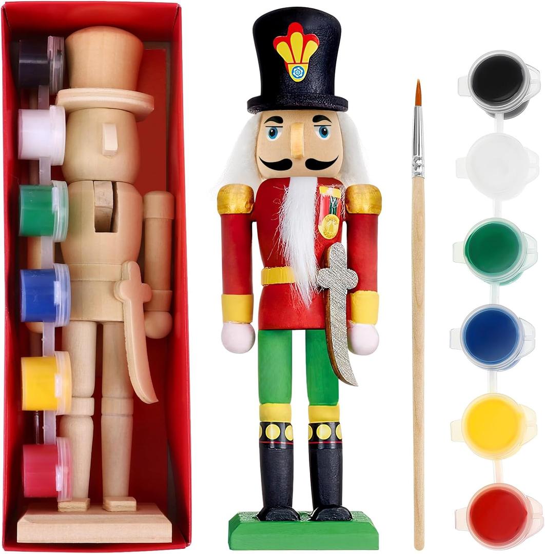 1 Set Christmas Nutcracker Figures Unfinished Wooden DIY Crafts Unpainted Nutcracker Soldier with Paint Brush and White Beard for Christmas Decoration