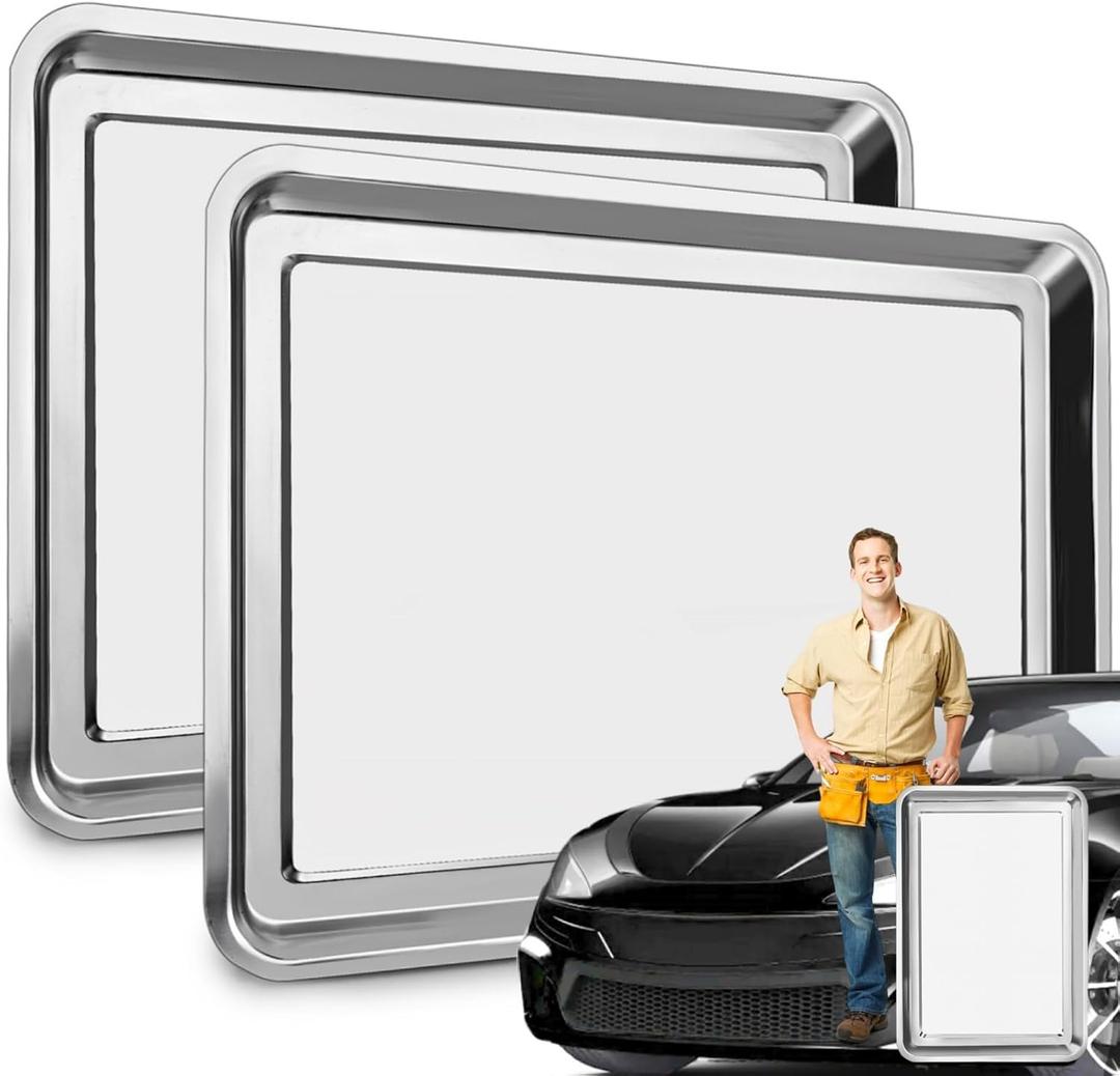 2 Pack Stainless Steel Oil Drip Pan, 27''L x 19''W Metal Oil Change Tray for Under Car, Large Automative Oil Catch Mat Replacement for Fluid Grease Dripping, Keep Floor Clean