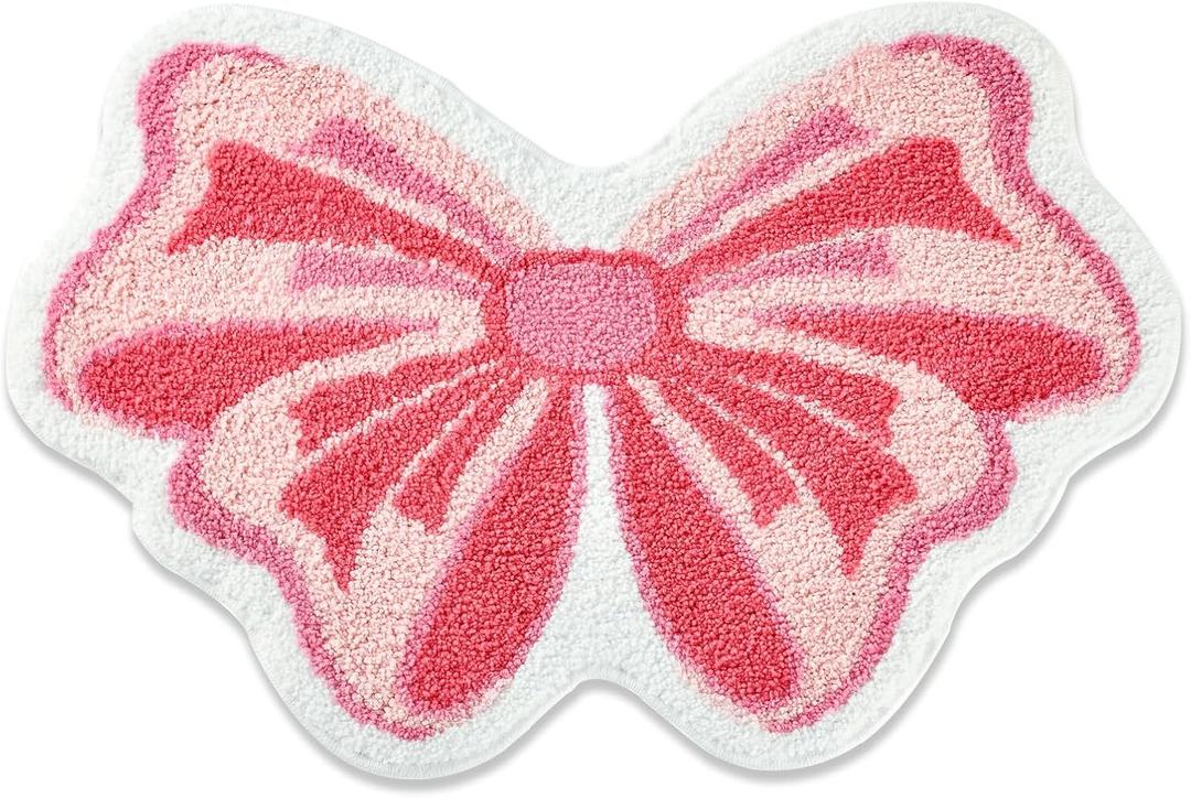 Pink Bow Bathroom Rug, Soft Tufted Plush Washable Non-Slip Kawaii Bow Bath Mat, Bedroom Kitchen Floor Door Mat for Home (1'8" x 2'8" (Rectangular))