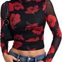 LYANER Women's Floral Mesh Long Sleeve Sheer Mock Neck Slim Fit Going Out Tee Crop Tops (Black, XL)