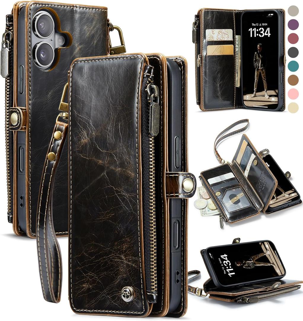 Defencase Compatible with iPhone 16 Case Wallet with RFID Blocking Card Holder for Women and Men, Fashion PU Leather Magnetic Snap Flip Zipper Strap Wallet Phone Case for iPhone 16 6.1", Coffee