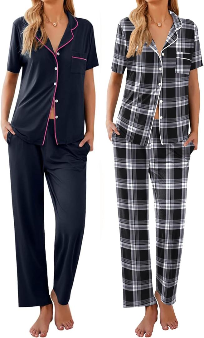 Ekouaer 2 PackWomens Pajamas Short Sleeve Pjs Notch Collar Button Up Loungewear Cozy Sleepwear Sets (Black, XXL)