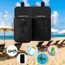 Beach Chair Cup Holder Attachment Nylon Chair Drink Holder Phone Water Bottle Holder Organizer 4 Pockets with 2 Self Adhesive Strap for Patio Lounger, Foldable Camping Chair(Black)