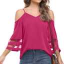 Jouica Womens Summer Cold Shoulder Tops Mesh Panel 3/4 Bell Sleeve Tees Adjustable Spaghetti Strap Loose Fit Shirts (Pink, S)