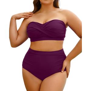 Yonique Women Plus Size Two Piece Swimsuits High Waisted Bathing Suits Bandeau Bikini Tummy Control Swimwear (Purple) S
