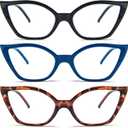 DXYXYO Cat Eye Reading Glasses for Women 3 Pack Anti Blue Light Computer Readers Stylish Retro with Spring Hinge (Black+blue+brown Leopard)
