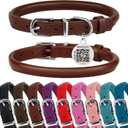 BRONZEDOG Rolled Leather Dog Collar for Dogs with QR ID Tag (S: 12-14 Inch, Chocolate Brown)