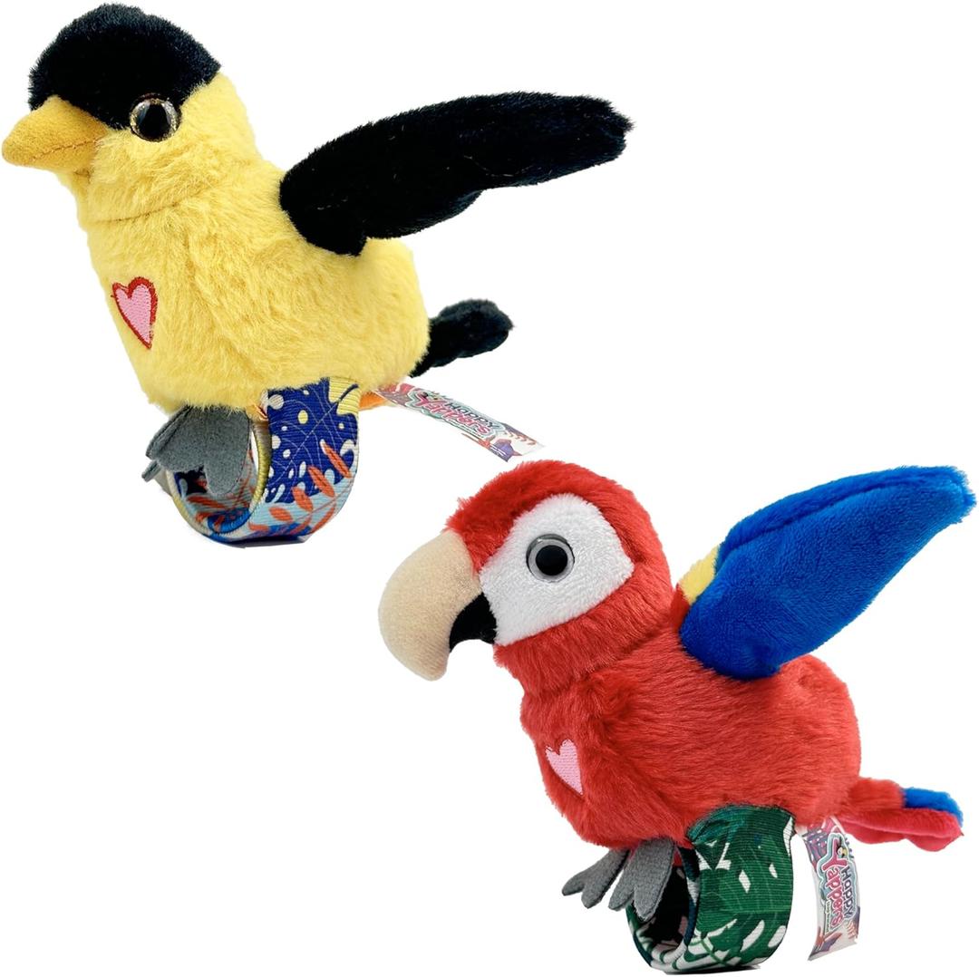 Birds 2 Pack - Oriole & Red Parrot - Slap Bracelet Interactive Plush Toy Birds, They Chat-Sing-Mimic Each Other, Flap Wings, Kids 3+