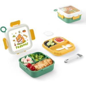 Bento Box for Kids & Adults  Cute Cartoon 2-Layer Lunch Box with Fork, Sauce Cup & Brush, BPA-Free, 3-Compartment Square Snack Container with Handle for School, Office, or Travel (Green)