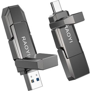 RAOYI 256GB USB C External SSD, 2-in-1 Solid State Drive Up to 450MB/s Dual USB 3.2 + Type-C Thumb Drive Portable SSD Drive for iPhone 15/16/17, Android, Tablet, PC and PS4 (Gray)