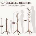 Wooden Coat Rack Freestanding with 8 Hooks & 3 Adjustable Sizes for Clothes, Space-Saving Design for Bedroom Office Entrance Holds Hats Coats Scarves Bags