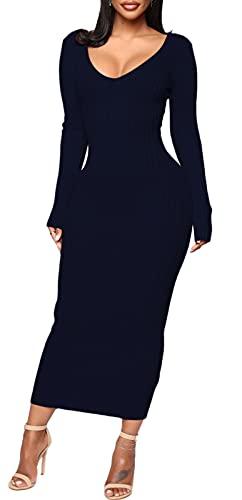 BestGirl Women's Sexy Ribbed Sweater Dresses Bodycon V Neck Off Shoulder Long Sleeve Lightweight Knit Midi Dress Navy, Size L