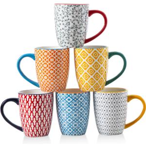 Ceramic Coffee Mugs Set - 16 Oz Large Porcelain Tea Cups with Handle for Men Women Cappuccino Latte Cocoa - Microwave Dishwasher Safe - Christmas Housewarming Gift - Set of 6 - Assorted Colors